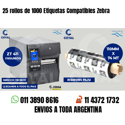 25 rollos de 1000 Etiquetas Compatibles Zebra 