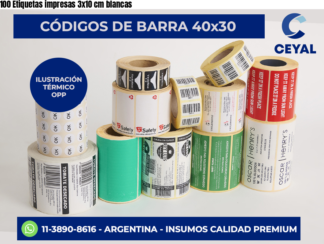 100 Etiquetas impresas 3×10 cm blancas