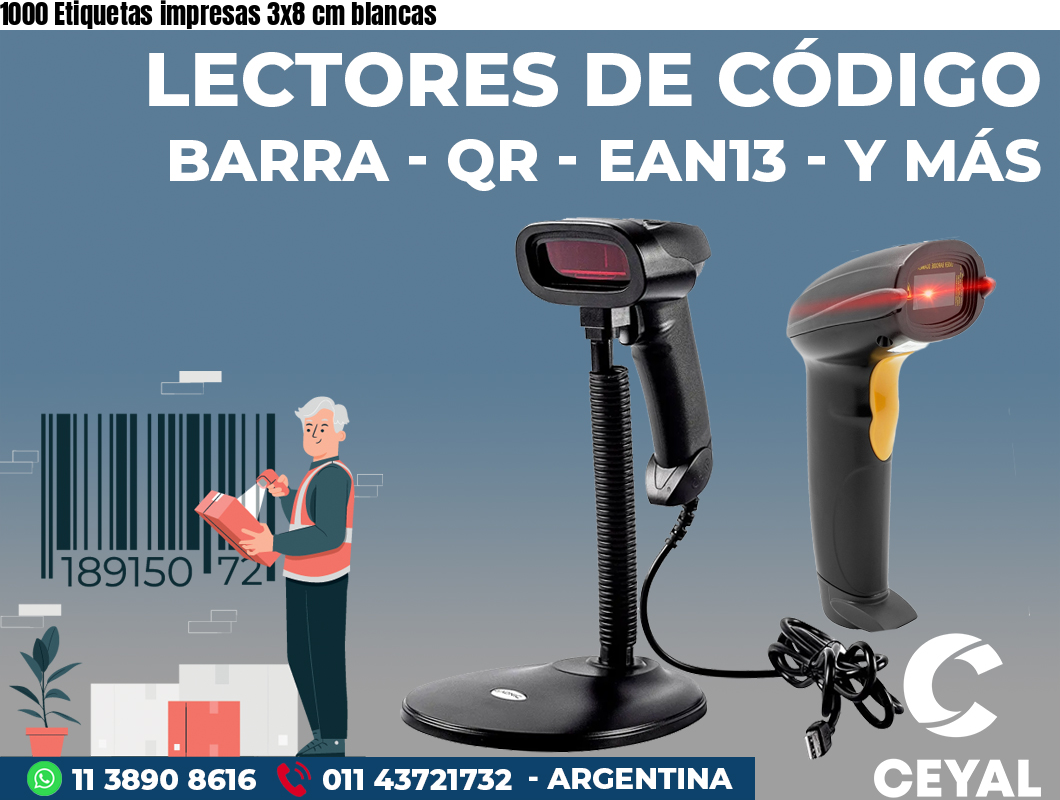 1000 Etiquetas impresas 3x8 cm blancas