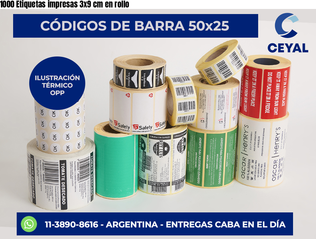 1000 Etiquetas impresas 3×9 cm en rollo