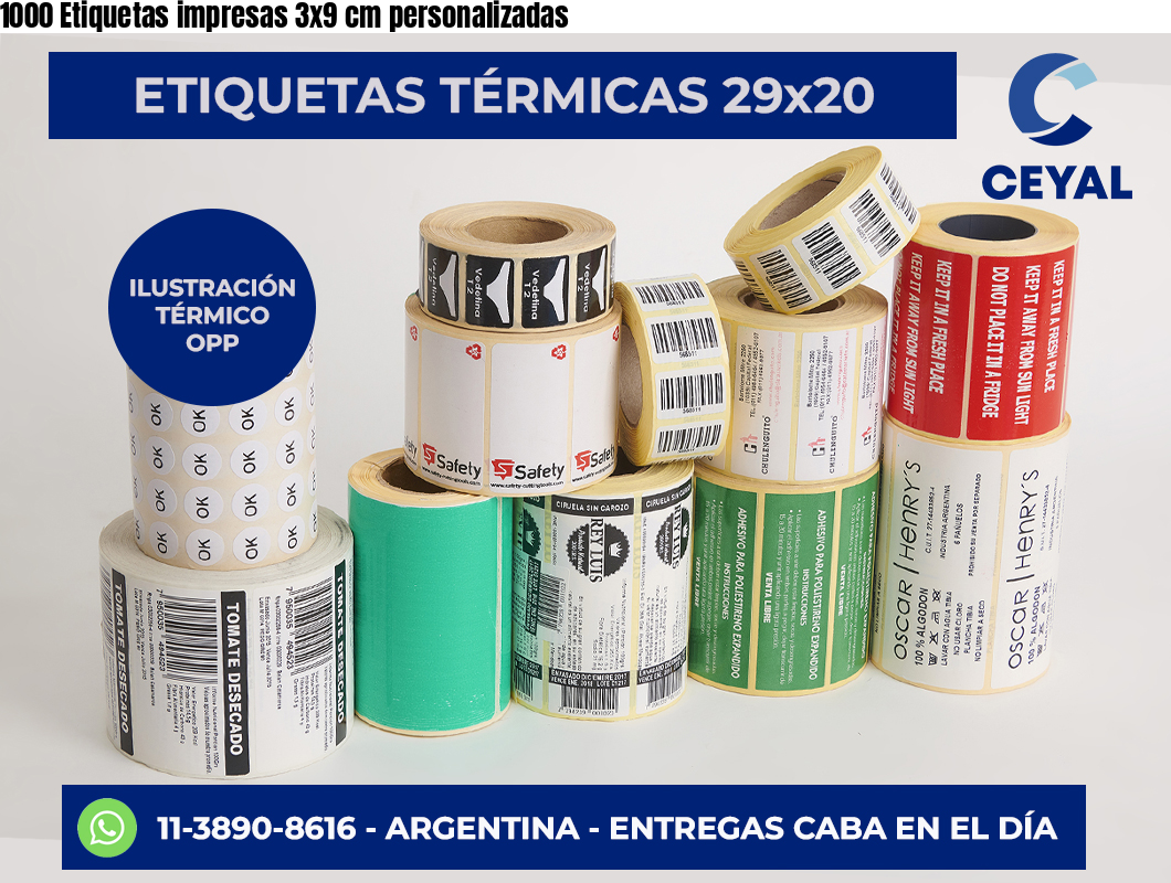 1000 Etiquetas impresas 3×9 cm personalizadas