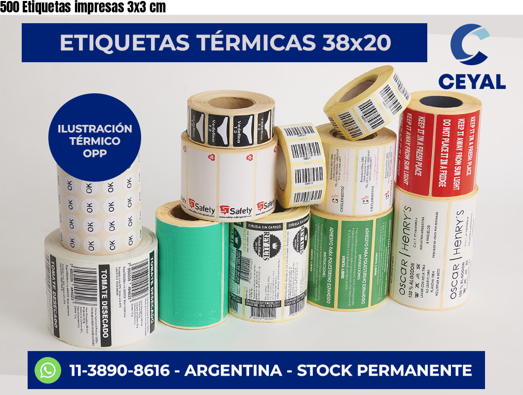 500 Etiquetas impresas 3×3 cm