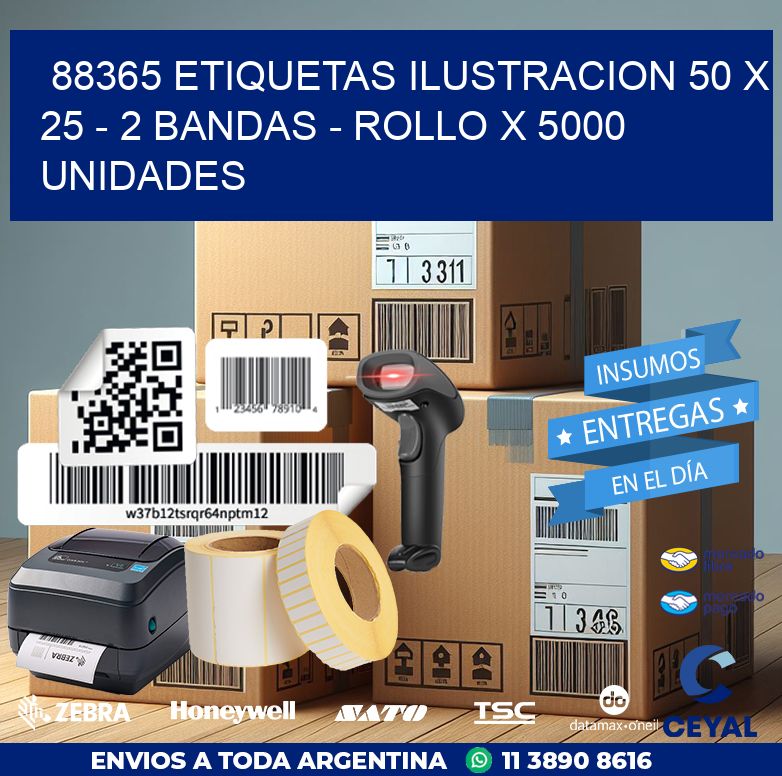 88365 ETIQUETAS ILUSTRACION 50 X 25 – 2 BANDAS – ROLLO X 5000 UNIDADES