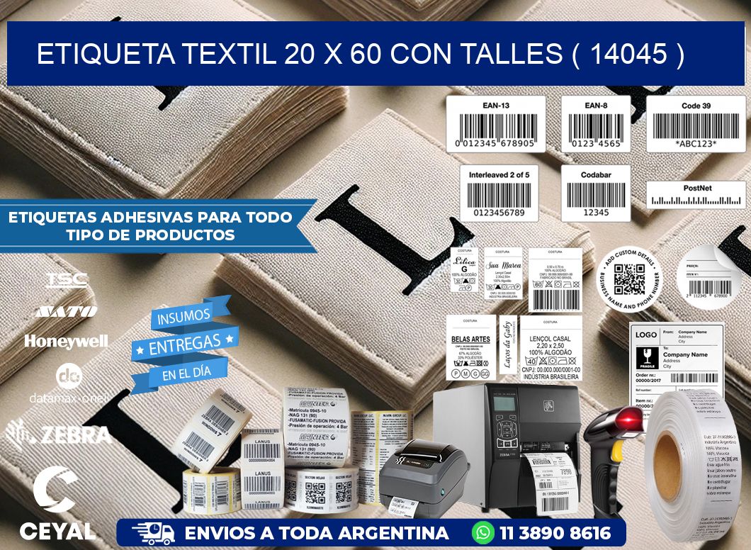 ETIQUETA TEXTIL 20 X 60 CON TALLES ( 14045 )