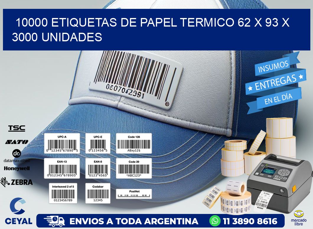 10000 ETIQUETAS DE PAPEL TERMICO 62 x 93 X 3000 UNIDADES