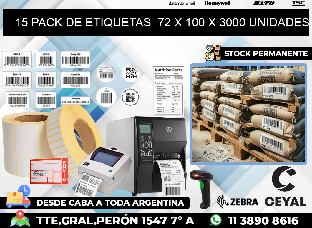 15 PACK DE ETIQUETAS  72 x 100 X 3000 UNIDADES