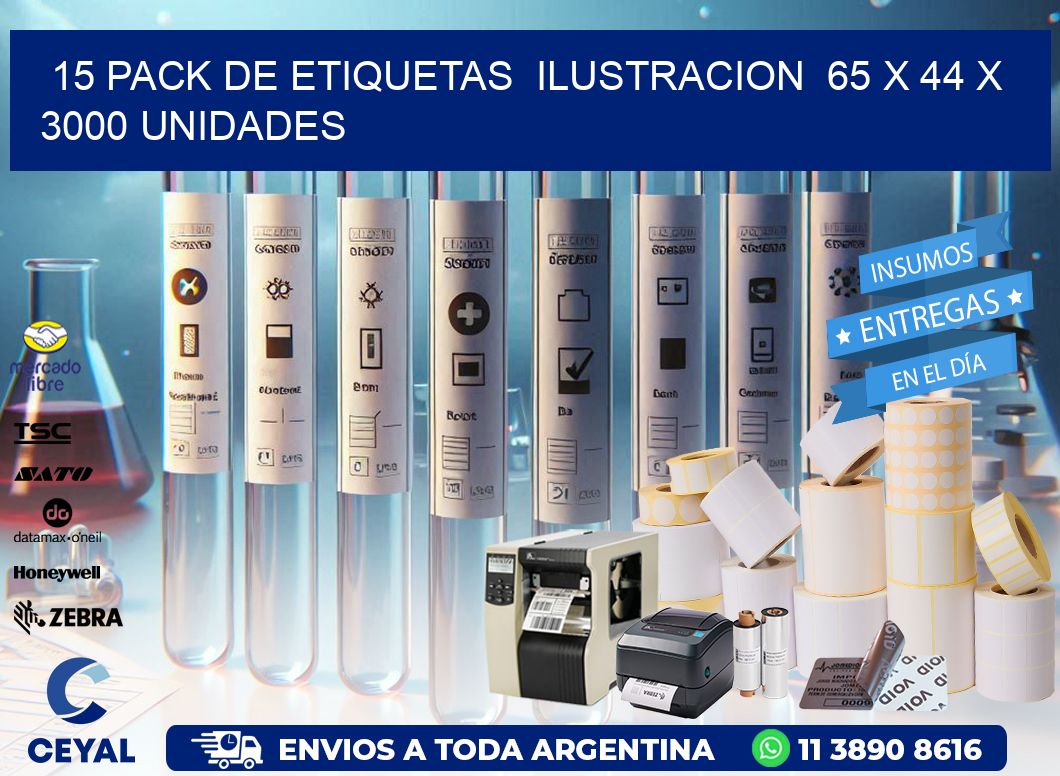 15 PACK DE ETIQUETAS  ILUSTRACION  65 x 44 X 3000 UNIDADES