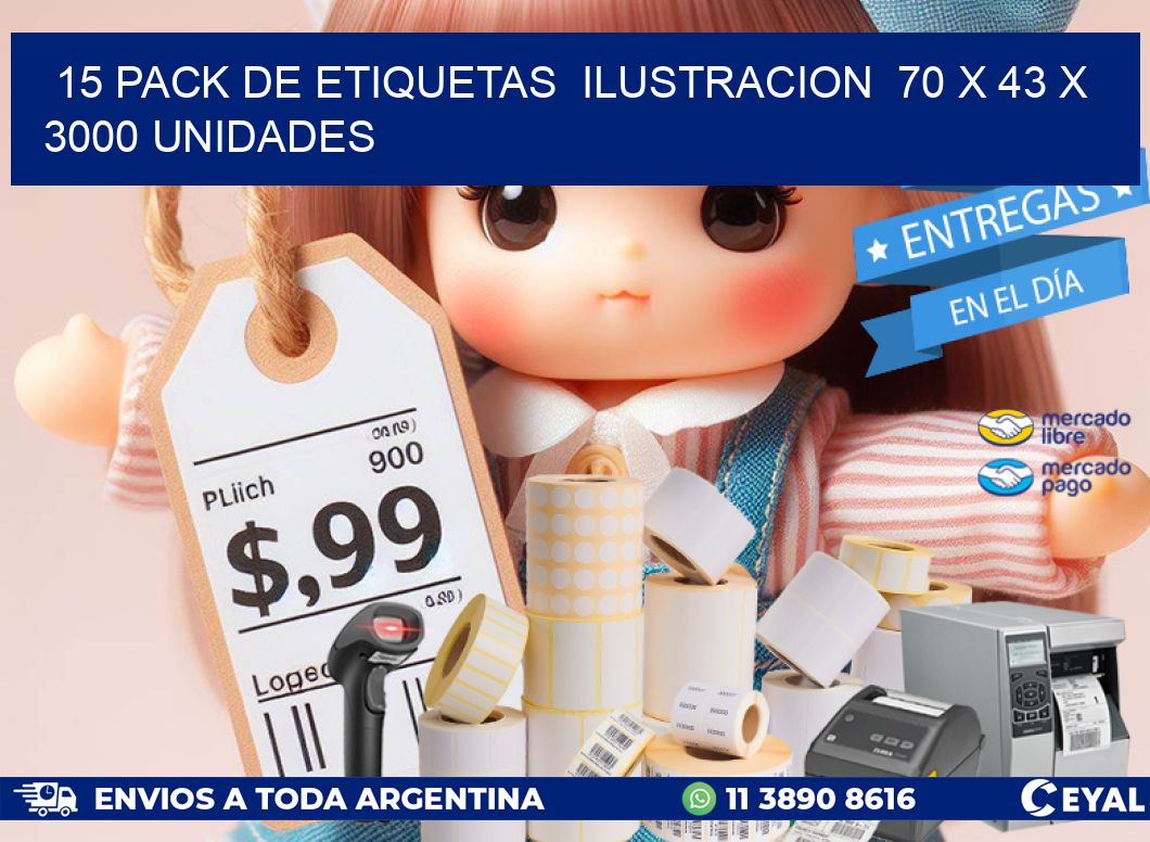 15 PACK DE ETIQUETAS  ILUSTRACION  70 x 43 X 3000 UNIDADES