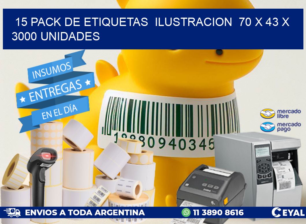 15 PACK DE ETIQUETAS  ILUSTRACION  70 x 43 X 3000 UNIDADES