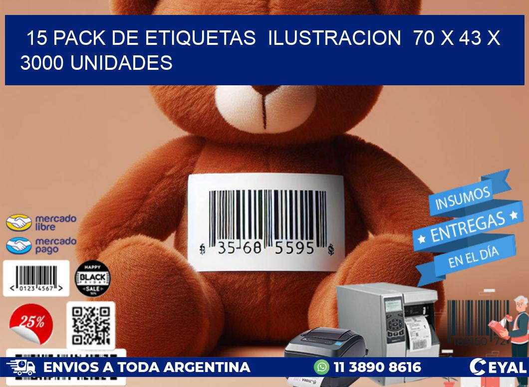 15 PACK DE ETIQUETAS  ILUSTRACION  70 x 43 X 3000 UNIDADES