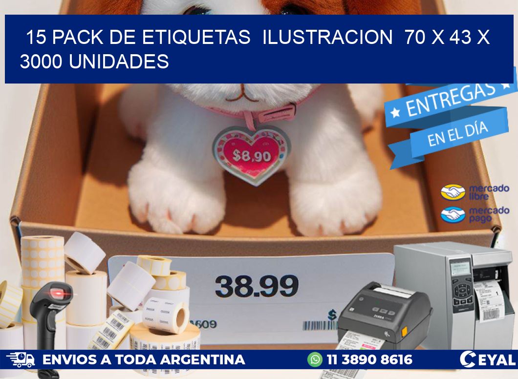 15 PACK DE ETIQUETAS  ILUSTRACION  70 x 43 X 3000 UNIDADES