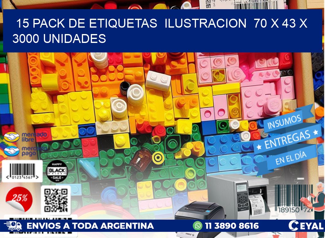 15 PACK DE ETIQUETAS  ILUSTRACION  70 x 43 X 3000 UNIDADES