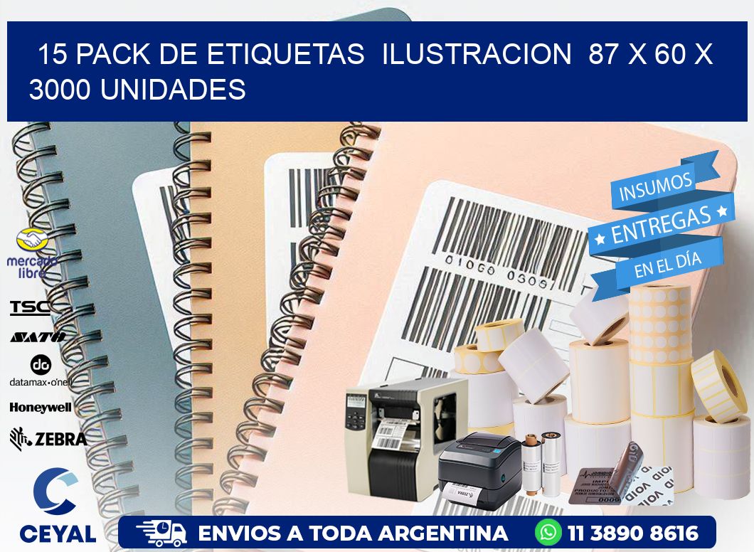 15 PACK DE ETIQUETAS  ILUSTRACION  87 x 60 X 3000 UNIDADES