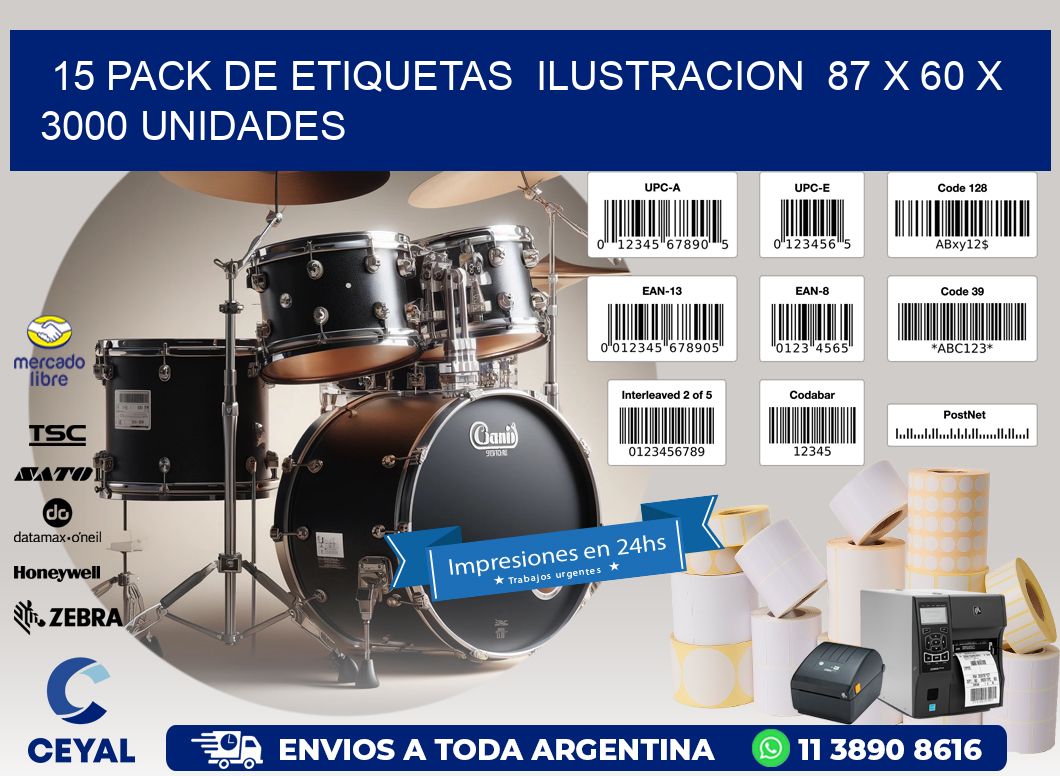 15 PACK DE ETIQUETAS  ILUSTRACION  87 x 60 X 3000 UNIDADES