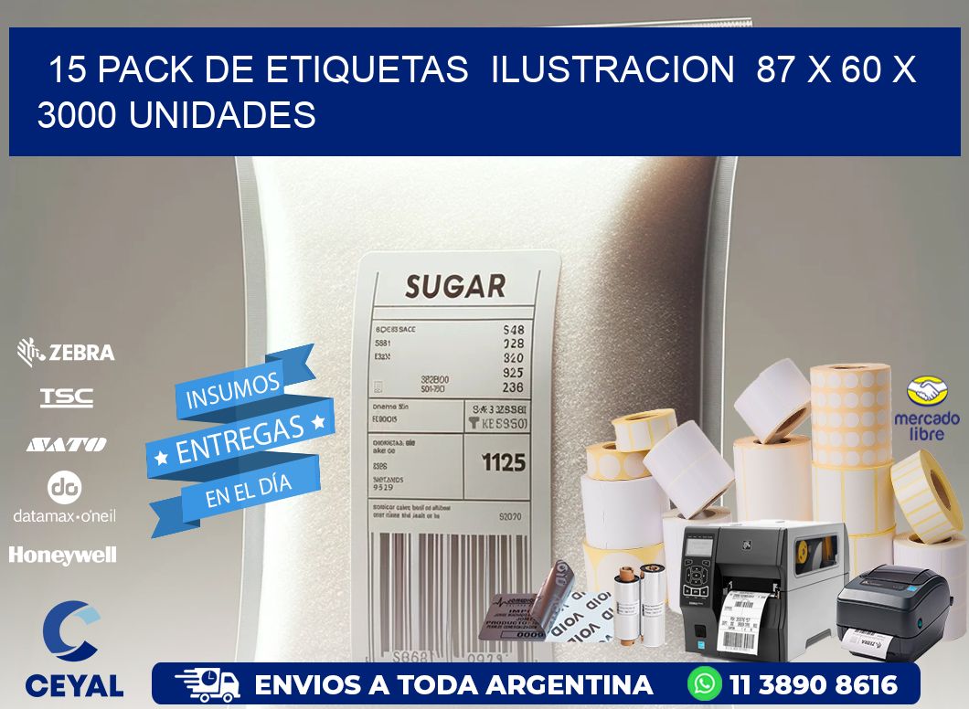 15 PACK DE ETIQUETAS  ILUSTRACION  87 x 60 X 3000 UNIDADES