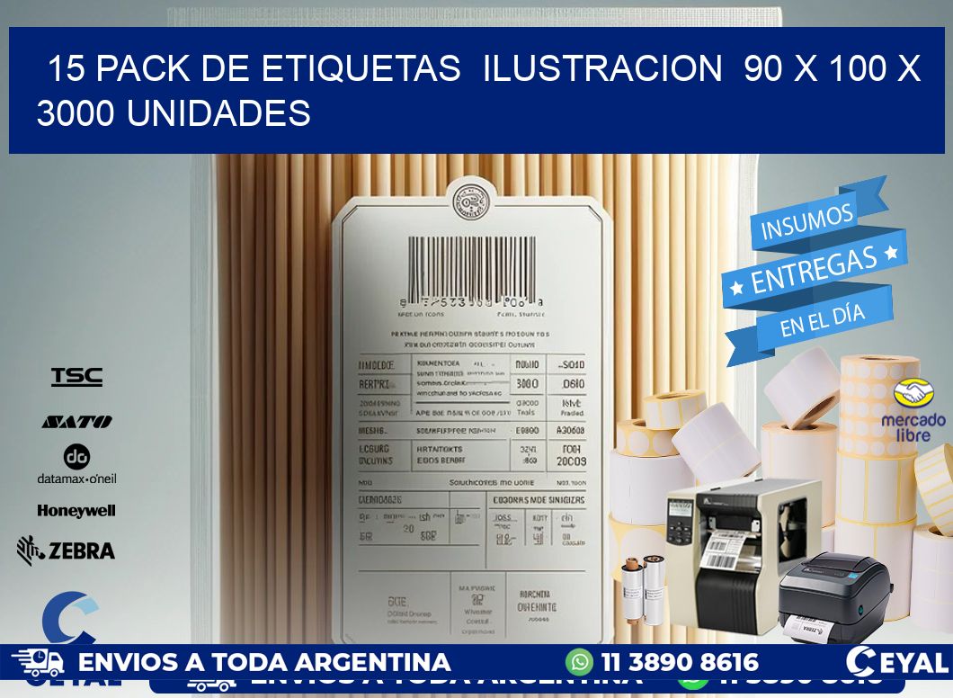 15 PACK DE ETIQUETAS  ILUSTRACION  90 x 100 X 3000 UNIDADES