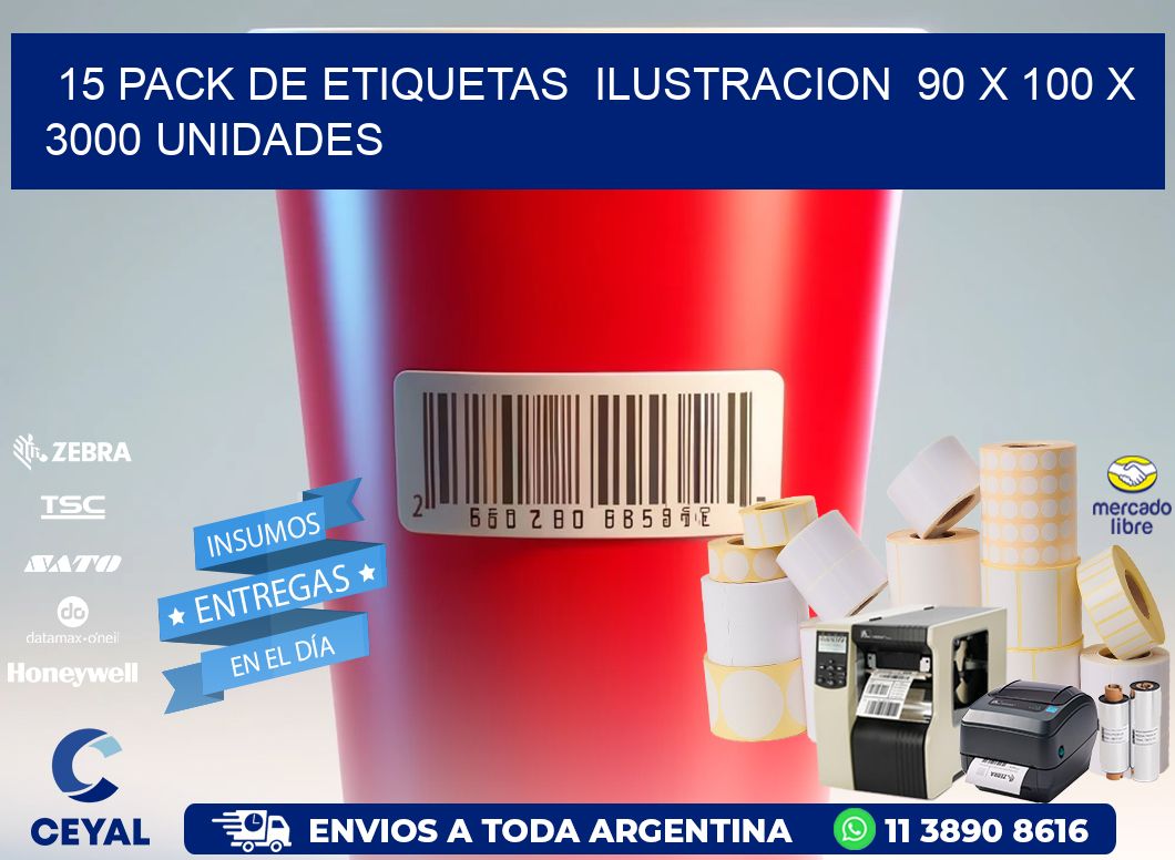 15 PACK DE ETIQUETAS  ILUSTRACION  90 x 100 X 3000 UNIDADES