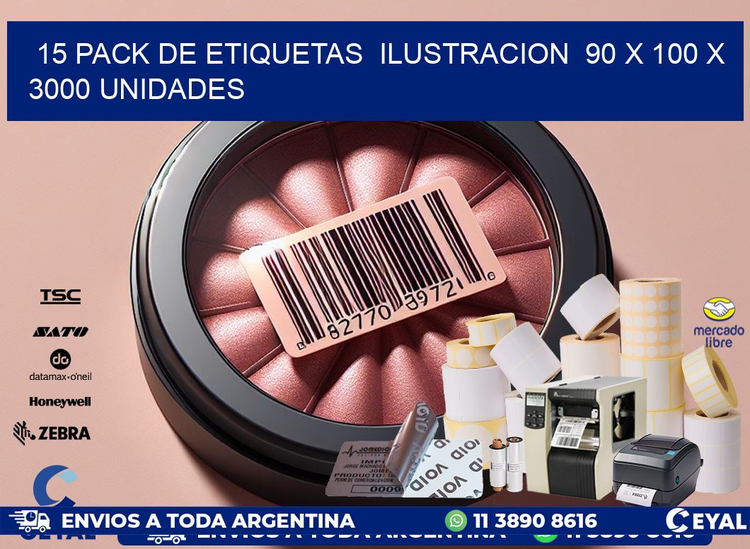 15 PACK DE ETIQUETAS  ILUSTRACION  90 x 100 X 3000 UNIDADES