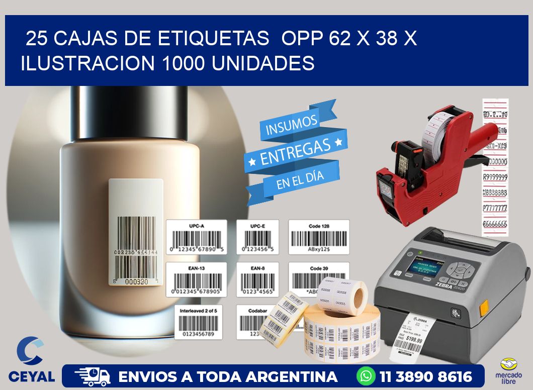 25 CAJAS DE ETIQUETAS  OPP 62 x 38 X ILUSTRACION 1000 UNIDADES