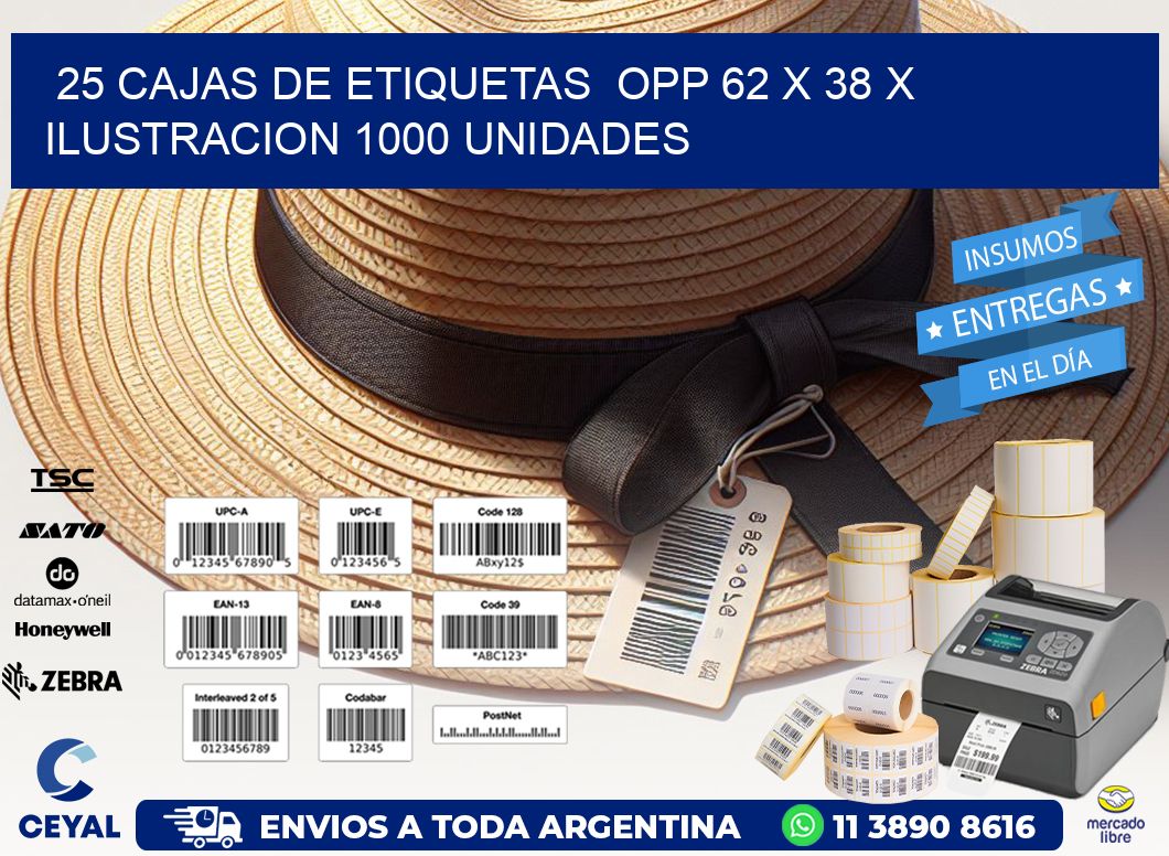 25 CAJAS DE ETIQUETAS  OPP 62 x 38 X ILUSTRACION 1000 UNIDADES