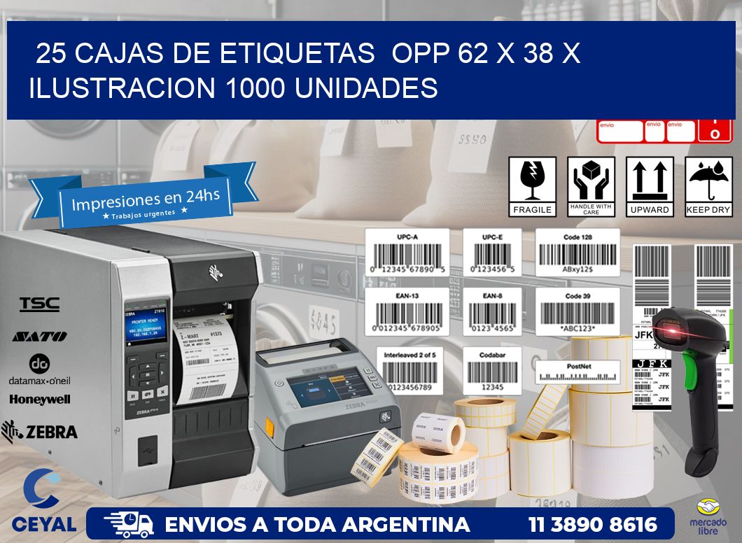 25 CAJAS DE ETIQUETAS  OPP 62 x 38 X ILUSTRACION 1000 UNIDADES