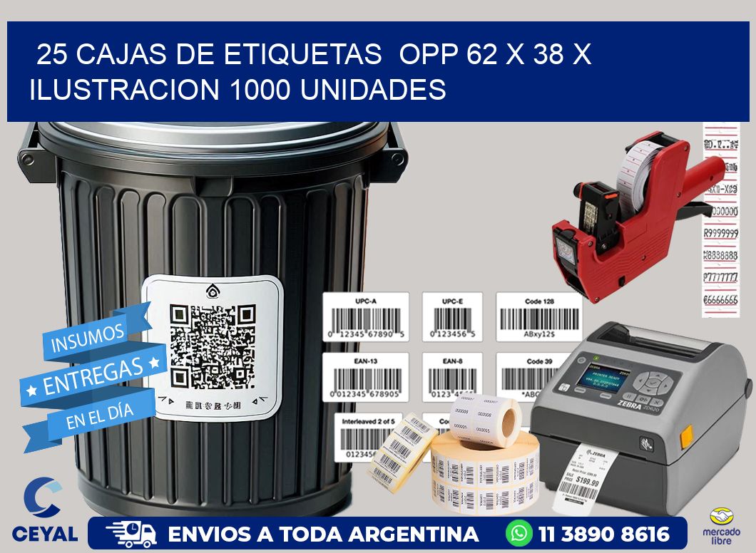 25 CAJAS DE ETIQUETAS  OPP 62 x 38 X ILUSTRACION 1000 UNIDADES