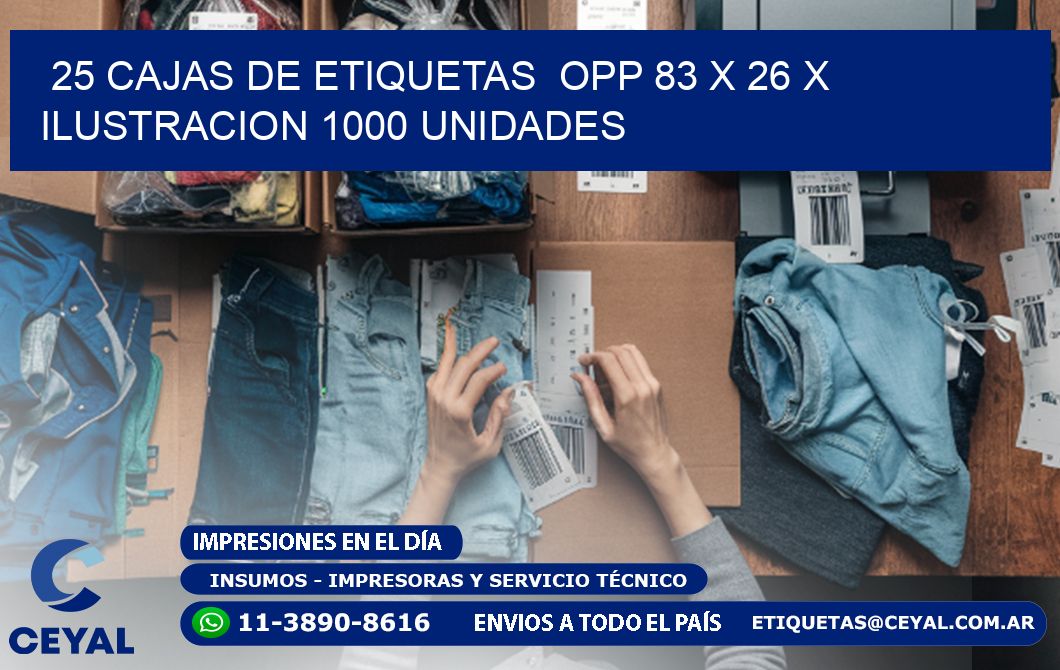 25 CAJAS DE ETIQUETAS  OPP 83 x 26 X ILUSTRACION 1000 UNIDADES