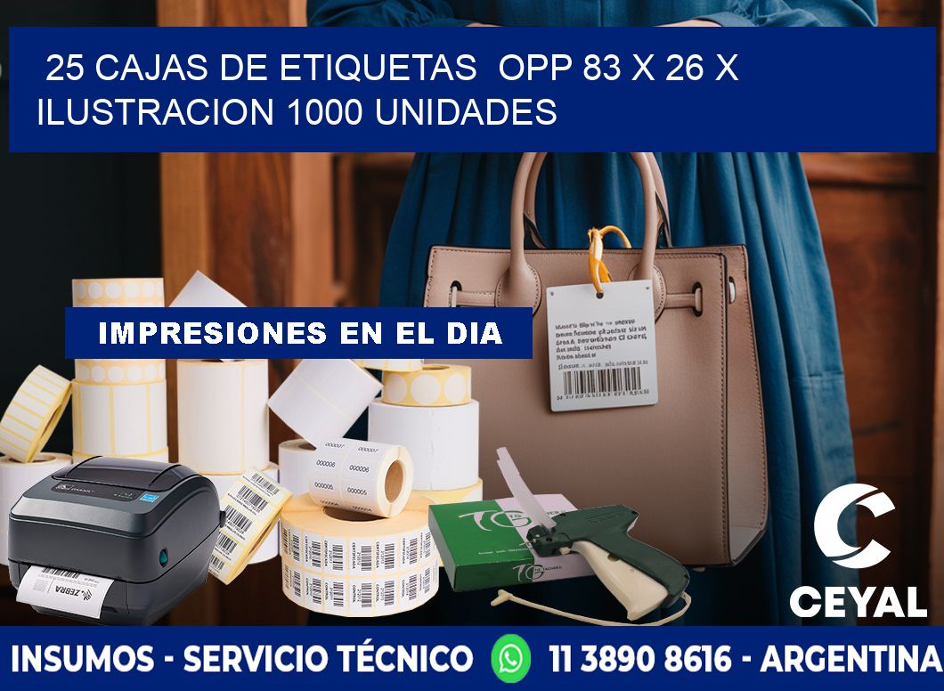 25 CAJAS DE ETIQUETAS  OPP 83 x 26 X ILUSTRACION 1000 UNIDADES