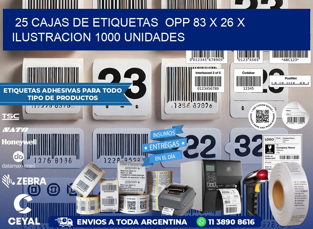 25 CAJAS DE ETIQUETAS  OPP 83 x 26 X ILUSTRACION 1000 UNIDADES