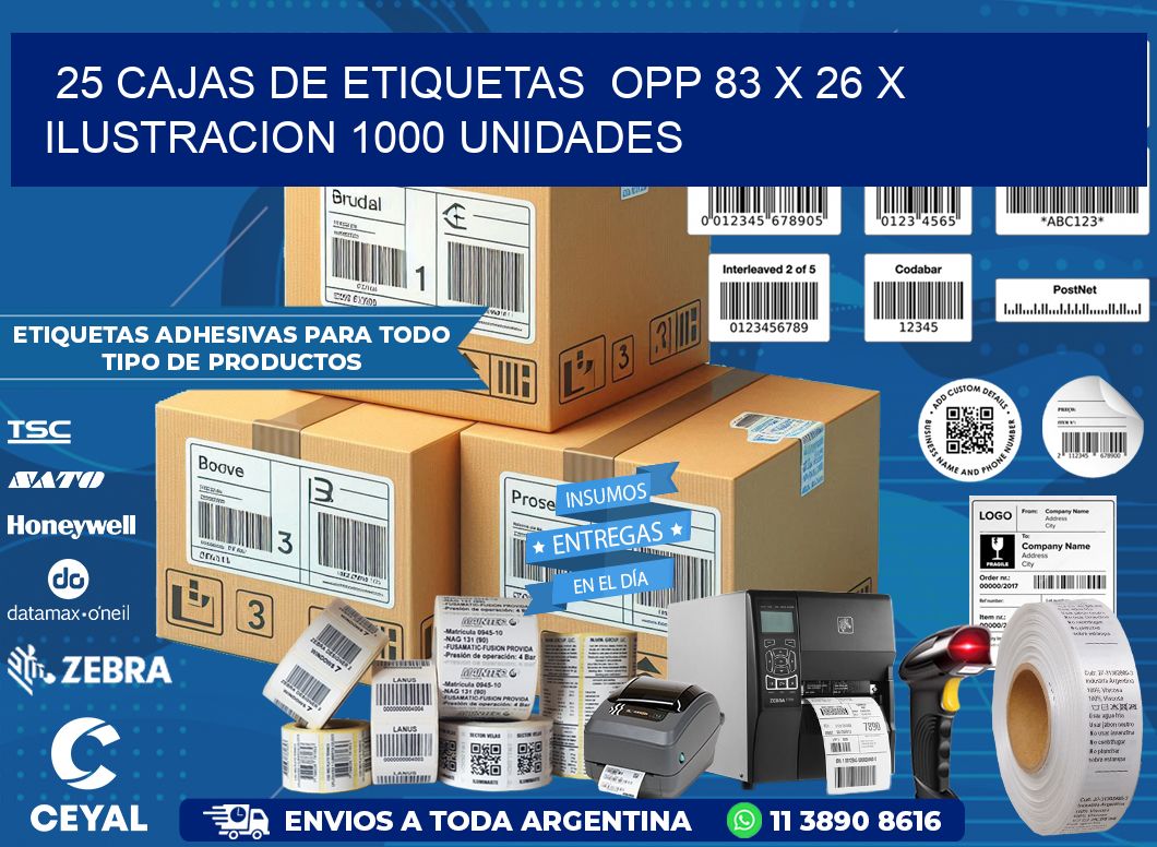 25 CAJAS DE ETIQUETAS  OPP 83 x 26 X ILUSTRACION 1000 UNIDADES