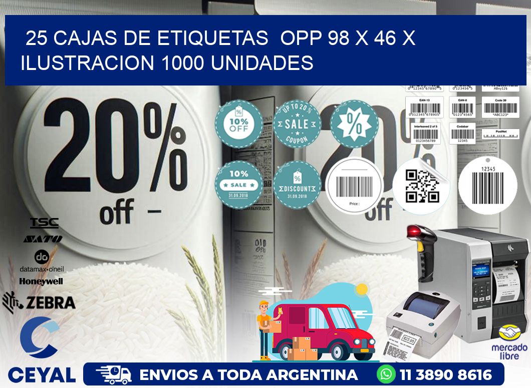 25 CAJAS DE ETIQUETAS  OPP 98 x 46 X ILUSTRACION 1000 UNIDADES