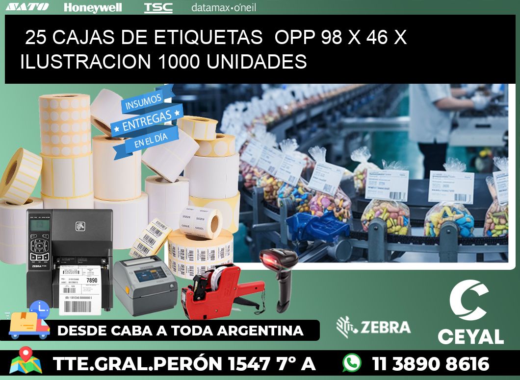 25 CAJAS DE ETIQUETAS  OPP 98 x 46 X ILUSTRACION 1000 UNIDADES