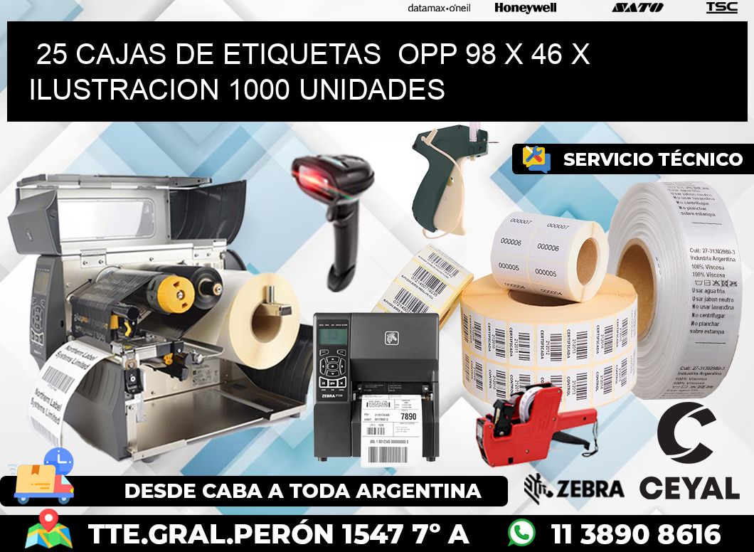 25 CAJAS DE ETIQUETAS  OPP 98 x 46 X ILUSTRACION 1000 UNIDADES