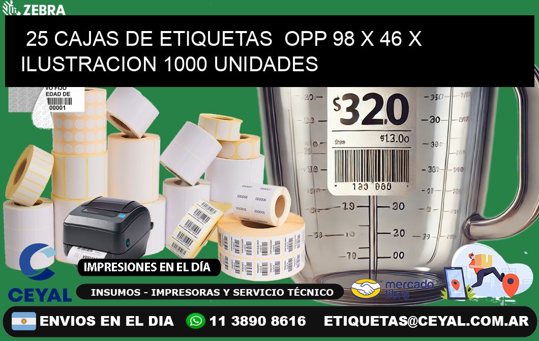 25 CAJAS DE ETIQUETAS  OPP 98 x 46 X ILUSTRACION 1000 UNIDADES