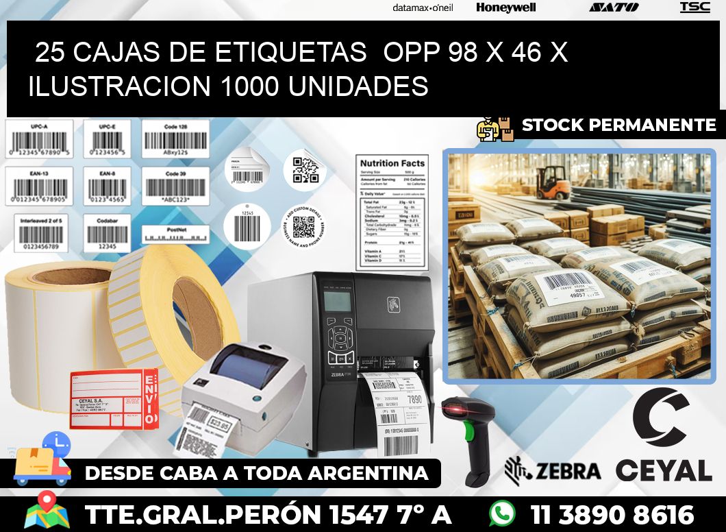 25 CAJAS DE ETIQUETAS  OPP 98 x 46 X ILUSTRACION 1000 UNIDADES