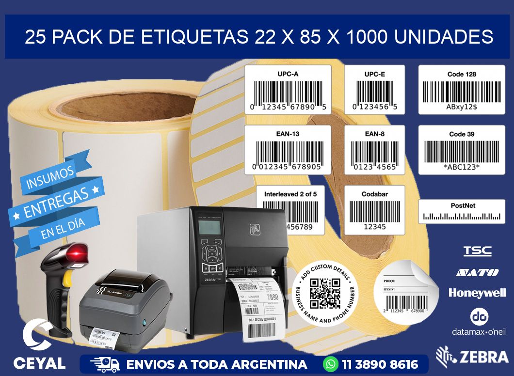 25 PACK DE ETIQUETAS 22 x 85 X 1000 UNIDADES