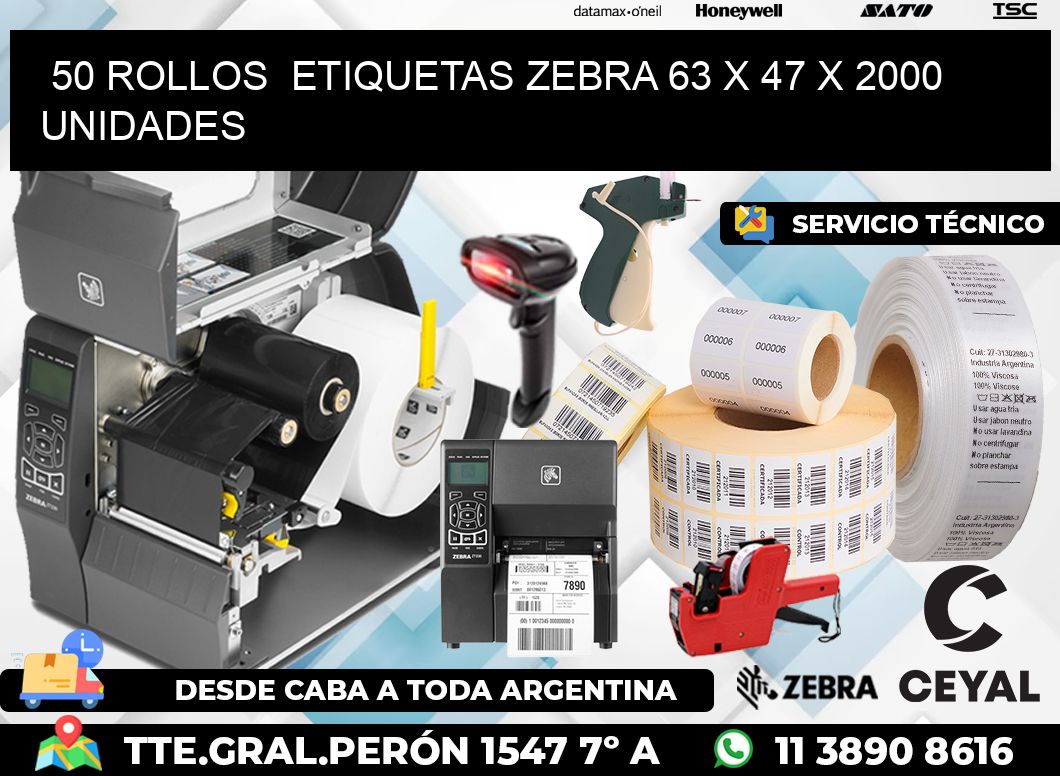 50 ROLLOS  ETIQUETAS ZEBRA 63 x 47 X 2000 UNIDADES