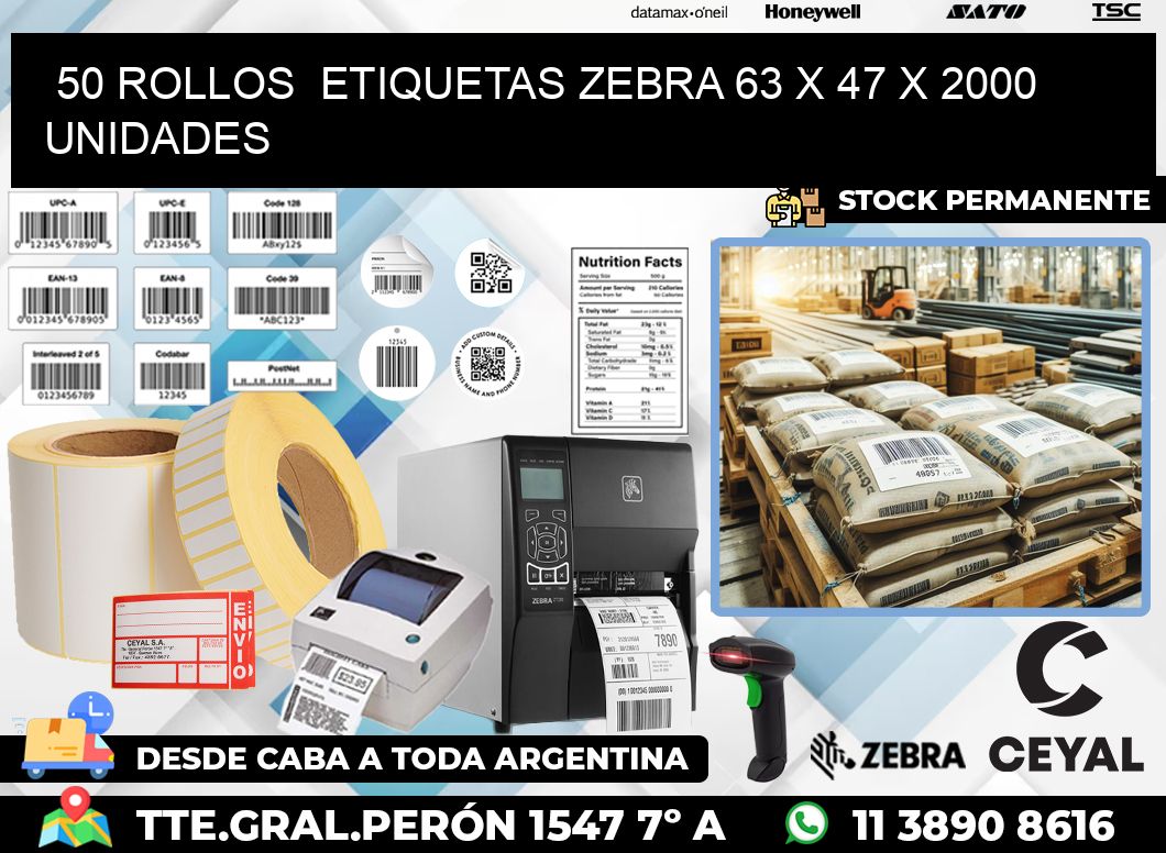 50 ROLLOS  ETIQUETAS ZEBRA 63 x 47 X 2000 UNIDADES