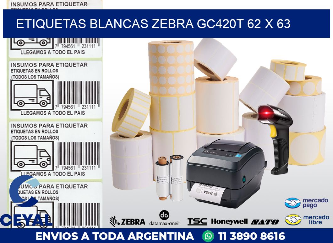 ETIQUETAS BLANCAS ZEBRA GC420T 62 x 63