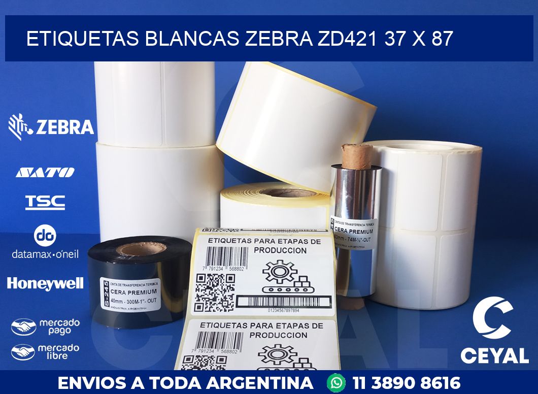 ETIQUETAS BLANCAS ZEBRA ZD421 37 x 87
