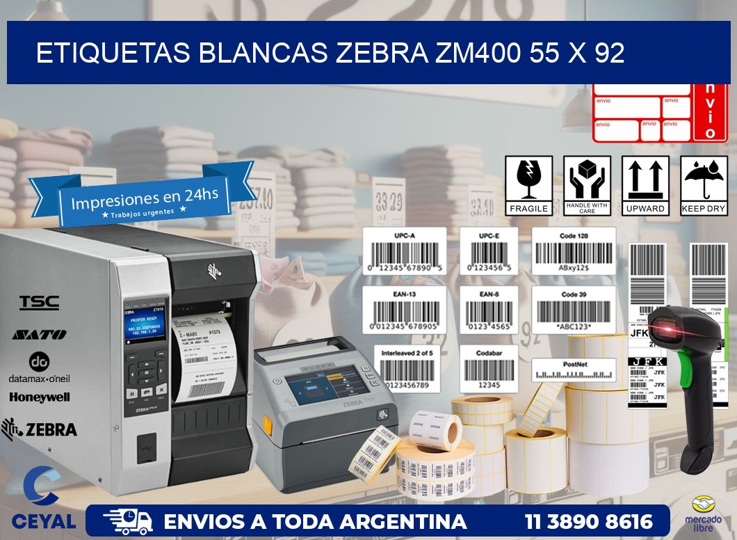 ETIQUETAS BLANCAS ZEBRA ZM400 55 x 92
