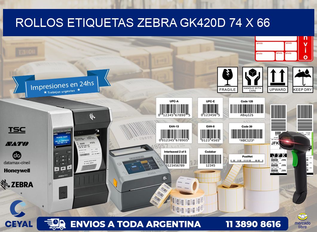 ROLLOS ETIQUETAS Zebra GK420D 74 x 66