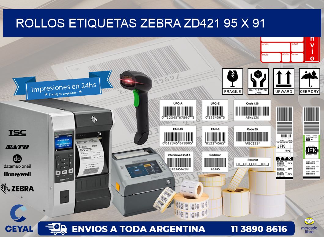 ROLLOS ETIQUETAS Zebra ZD421 95 x 91