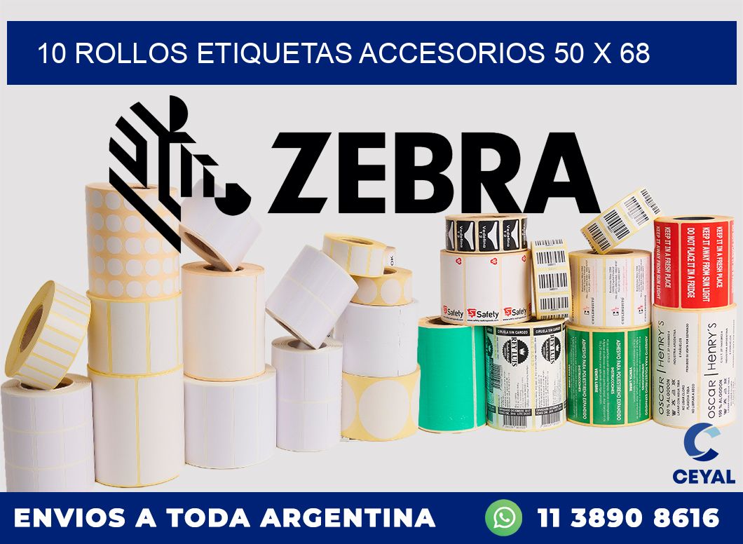 10 ROLLOS ETIQUETAS ACCESORIOS 50 x 68