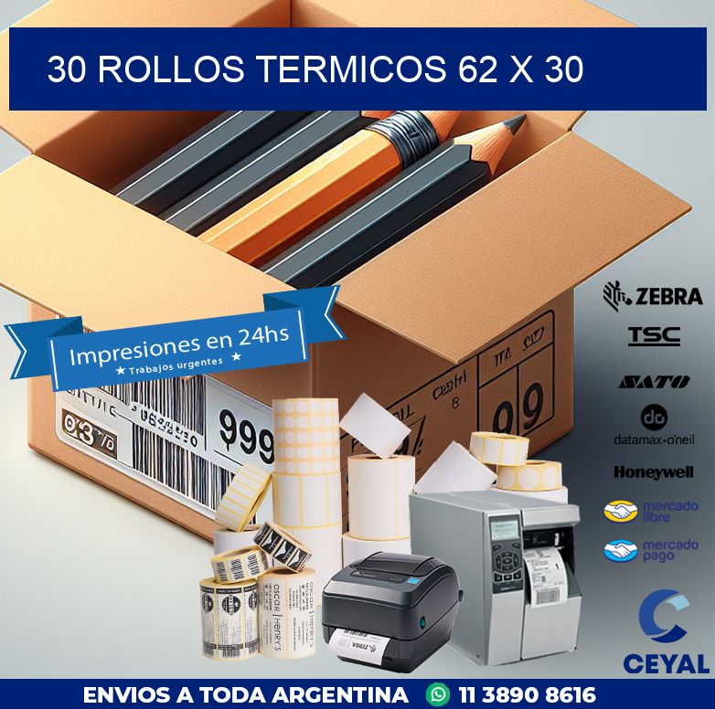 30 ROLLOS TERMICOS 62 x 30