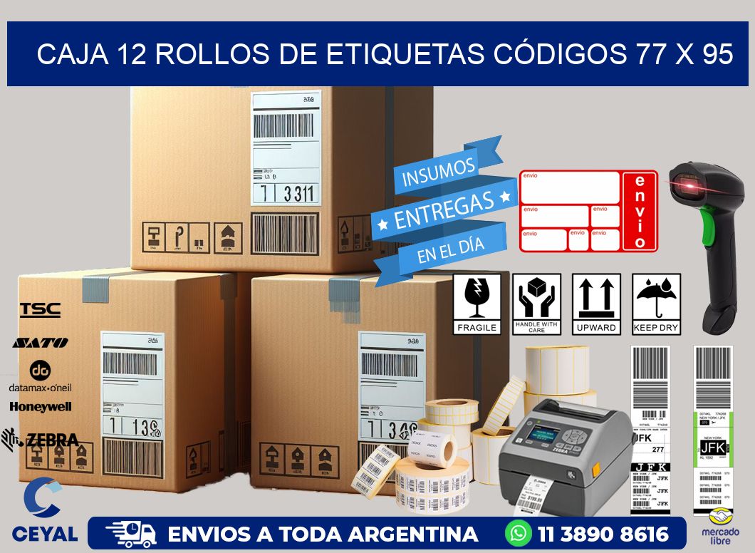 CAJA 12 ROLLOS DE ETIQUETAS CÓDIGOS 77 x 95