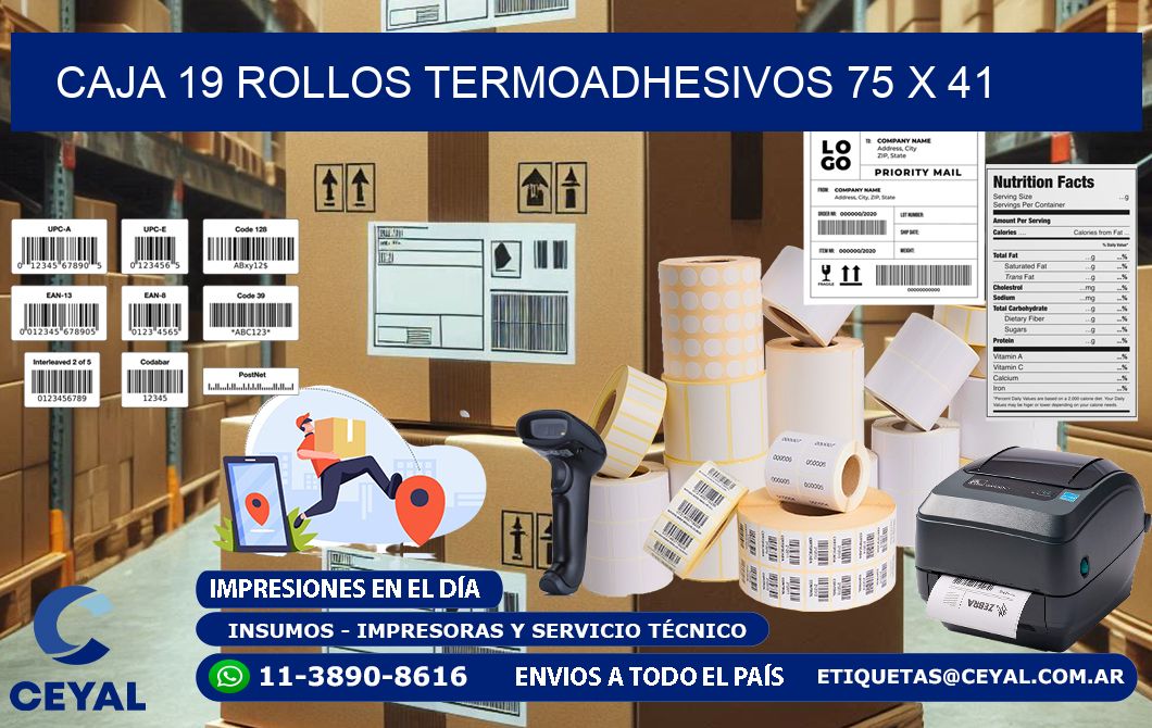 CAJA 19 ROLLOS TERMOADHESIVOS 75 x 41
