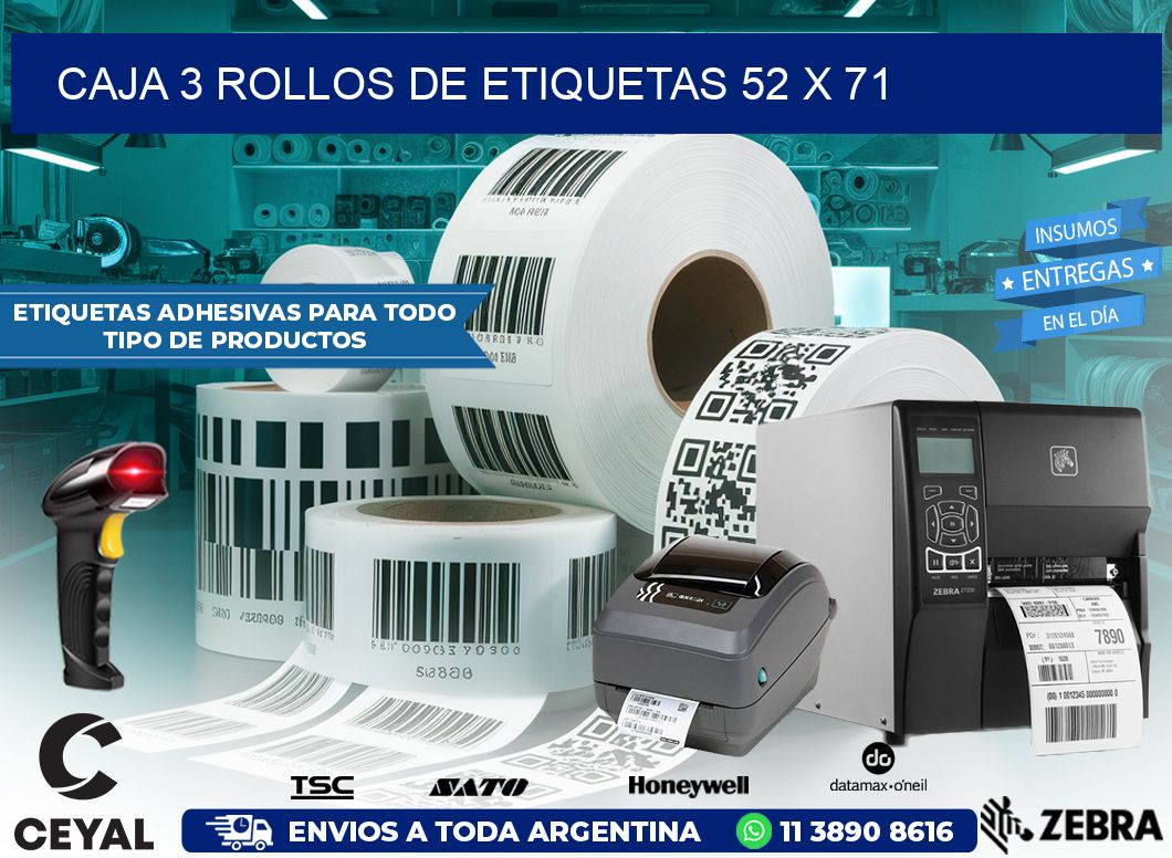 CAJA 3 ROLLOS DE ETIQUETAS 52 x 71