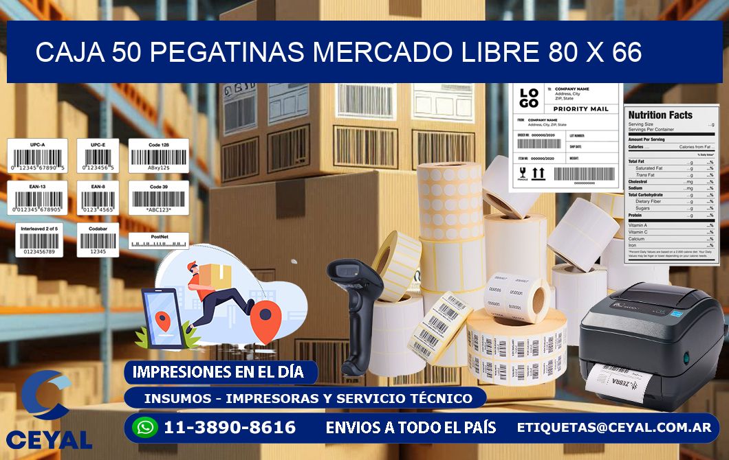 CAJA 50 PEGATINAS MERCADO LIBRE 80 x 66