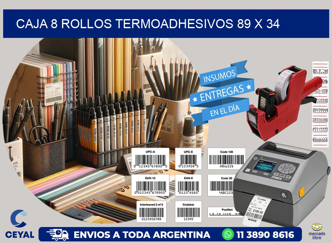 CAJA 8 ROLLOS TERMOADHESIVOS 89 x 34